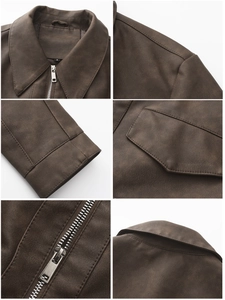 Detail view of dark brown faux leather jacket featuring zipper collar and pocket textures