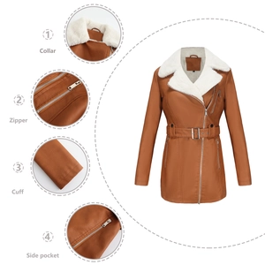 Detail view showing the faux shearling collar, zipper, cuff and side pocket of the leather jacket