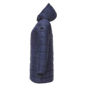 Detail of navy blue puffer coat showing side view, quilted texture and windproof cuffs