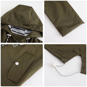 Detail of olive green raincoat hood with striped lining and white snap button pocket