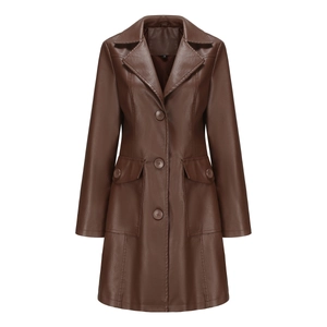 Detailed view of women's long brown leather coat featuring large lapels and buttoned pockets
