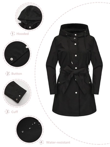 Detailed views of hooded water-resistant trench coat showing buttons, cuffs and fabric test