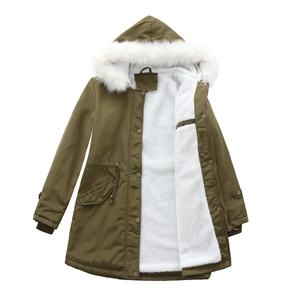 Detail of army green parka showing white faux fur collar and thick fleece lining