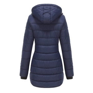 Detail view of water-resistant navy blue quilted parka back with seamless stitching