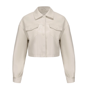 Flat lay of beige faux leather cropped jacket with lapels and snap buttons