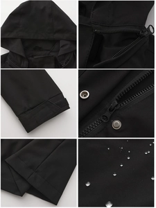 Details of waterproof fabric with water drops and adjustable velcro cuffs on the jacket