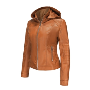 Detail of tan leather jacket featuring horizontal quilted stitching and silver metal zippers