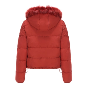 Back view of a red hooded quilted jacket featuring a thick faux fur collar and short fit