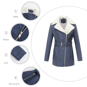 Detailed close-up of collar, zippers, and cuffs on women's faux leather fleece coat