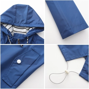 Detail view of water-resistant navy trench coat with striped lining and drawstring hem