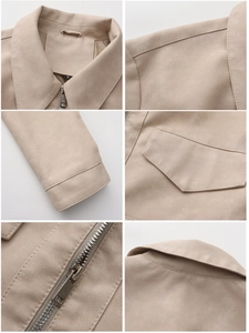 Detail view of beige faux leather jacket showing pocket, zipper, and seam stitching
