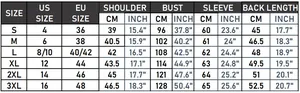 Detailed size chart for women's faux leather jacket showing measurements in cm and inches