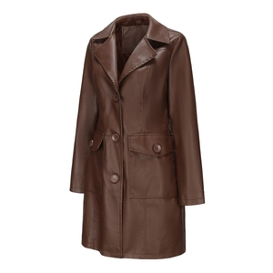 Detail of a dark brown faux leather trench coat with notched lapels and large buttons