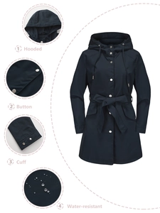 Detail view of hooded waterproof trench coat showing buckles, cuffs and fabric texture