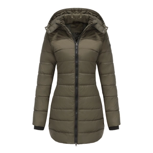 Detailed view of olive green hooded puffer coat featuring windproof ribbed cuffs and zipper