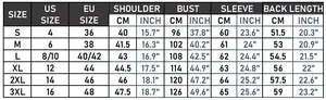 Detailed size chart for women's rivet leather jacket showing measurements from S to 3XL