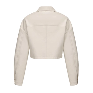 Rear view detail of cream faux leather jacket showing collar design and stitching