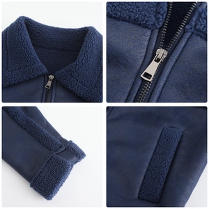 Dettagli della giacca in finta pelle scamosciata blu scuro con fodera in pile e zip in metallo