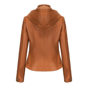 Detail view of tan hooded leather jacket back showing slim fit seams and metal cuff buttons