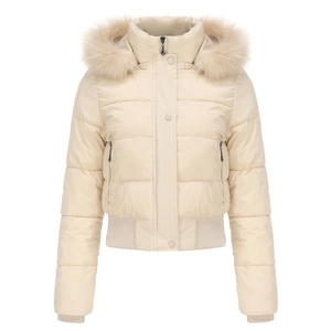Detail showing the windproof ribbed cuff and cream fabric of the hooded winter jacket