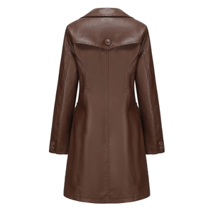 Rear view of long dark brown PU leather trench coat featuring lapel and rain shield detail