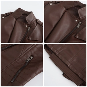 Detail view of dark brown leather jacket with silver rivets and metal zipper quality