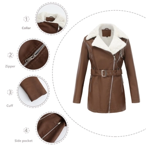 Detail view of brown faux leather jacket featuring white faux shearling collar and zipper pockets