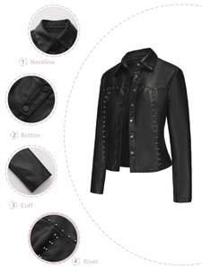Women's black faux leather jacket with rivets and buttons featuring casual biker style