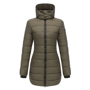 Detail of army green water-resistant parka with hood and ribbed cuffs for winter