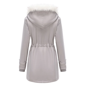 Detail view of adjustable drawstring waist and faux fur collar on light grey parka coat