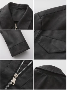 Detailed views of women's black PU leather jacket showing collar, zipper, and pocket details
