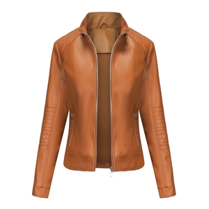 Close-up of brown faux leather jacket with metal zipper pockets and quilted shoulder details