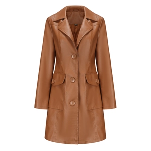 Detail of dark brown long faux leather jacket featuring classic lapels and buttons