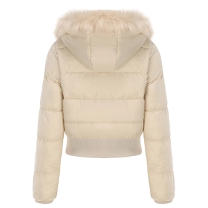 Back view of beige hooded padded jacket with fluffy faux fur trim and elastic ribbed cuffs