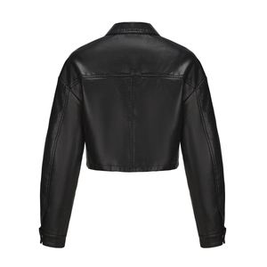 Back view of a black faux leather jacket with high-quality stitching and waist-length cut