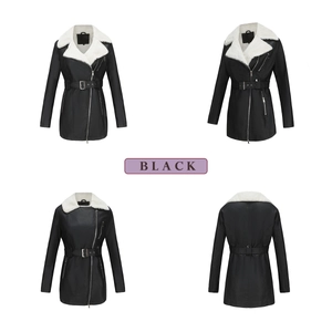 Detailed four-view of black faux leather jacket with white faux fur collar and waist belt