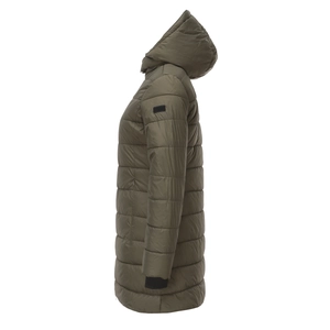 Detail view of windproof ribbed cuffs on a water-resistant olive green winter parka coat