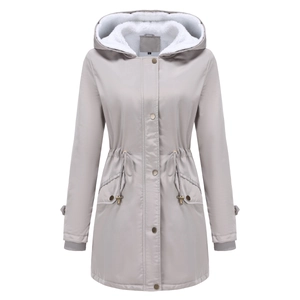 Close-up of women's hooded parka with soft fleece lining and adjustable drawstring waist