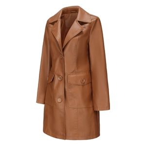 Detailed close-up of brown long faux leather jacket with lapels and buttoned pockets