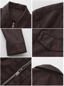 Detail of dark brown PU leather jacket showing lapel collar and quilted shoulder stitching
