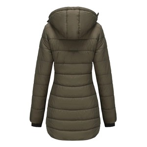Back view of a green women's water-repellent quilted coat with detachable hood