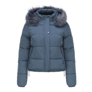 Detailed view of the faux fur trim and horizontal quilting on a blue padded winter coat