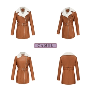 Detail view of camel leather jacket showing large lapels and fleece lining