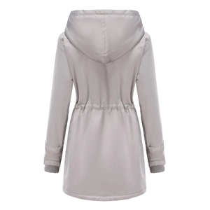 Detail view of the drawstring waist and windproof ribbed cuffs on a light grey parka