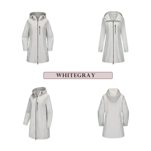 Detailansicht der weißgrauen Outdoor-Kapuzenjacke mit wasserfestem Stoff und Reißverschluss