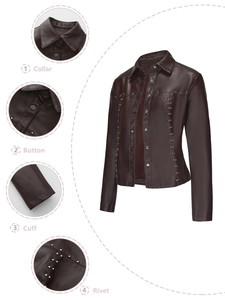 Detailed views of wine red faux leather jacket featuring rivets and button closures
