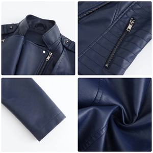 Detail view of navy blue PU leather jacket showing silver rivets and zipper pockets