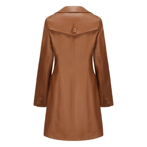 Rear view of a long faux leather trench coat in caramel brown with buttoned shoulder tabs