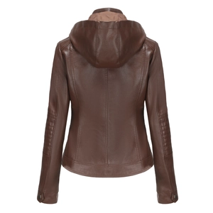 Rear view of deep brown faux leather jacket with hood and pleated sleeve details