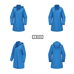 Coupe-vent imperméable bleu clair avec capuche amovible présenté sous quatre angles